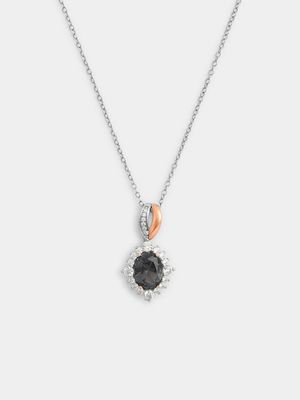 Sterling Silver & Rose Gold Women’s Grey Cubic Zirconia Halo Pendant on chain.