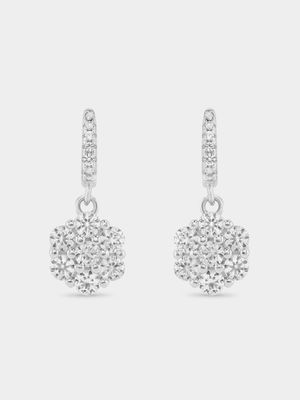 Sterling Silver White Sapphire Flower Drop Earrings