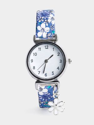 Girl's Blue Flower Print Watch