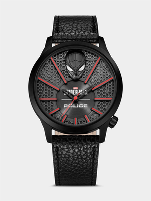 Police Spiderman Webbed Wonder 3D Logo Limited Edition Black Plated Stainless Steel Leather Watch