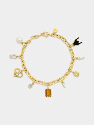 Gert Johan Coetzee Gold-tone Sterling Silver Cognac Cubic Zirconia & Pearl Love Generation Initial Charm Bracelet