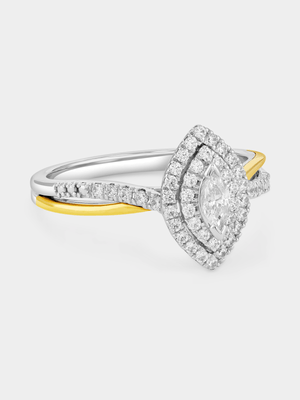 Sterling Silver & 9ct Yellow Gold 0.42ct Lab Grown Diamond Marquise Double Halo Ring