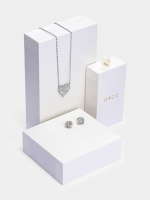 Rhodium Plated Sunburst Heart Pendant & Stud Earrings Set