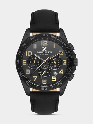Daniel Klein Black Plated Black Dial Black Leather Chronographic Watch
