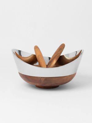 Wood & Aluminium Salad Bowl With Spoons 33cm