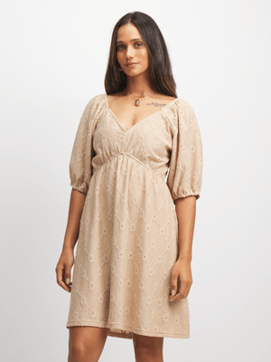 Exact Women's Natural Puff Sleeve Anglaise Dress