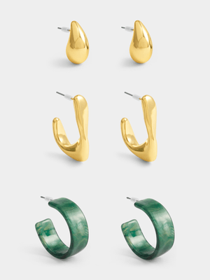 Exact Women's Gold & Green 3-Pack Earrings