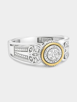 Yellow Gold & Sterling Silver Diamond Round Halo Leaf Ring