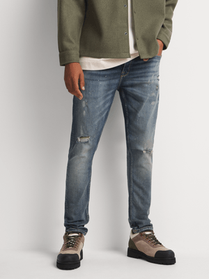 Men's Relay Jeans Skinny Rip and Repair Mid Wash Blue Denim