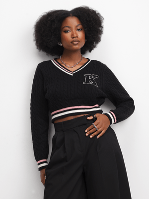 The FIX Women's Black & Pink Cropped Varsity Jumper