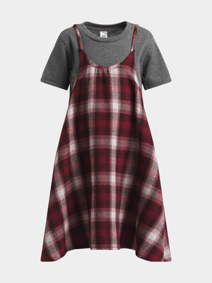 Jet Younger Girls Burgundy Checked Falred Dress