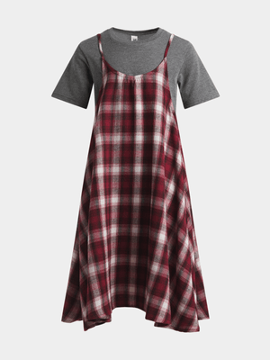 Jet Older Girls Burgundy Checked Flared Dress