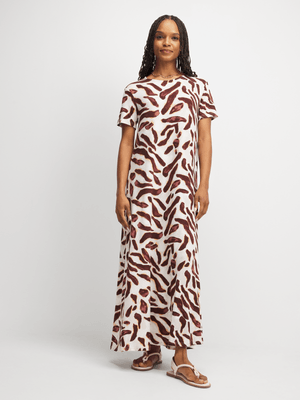 Exact Women's Brown Abstract Print Maxi T-Shirt Dress