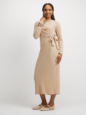 Exact Women's Natural Ribbed Front Tie Dress