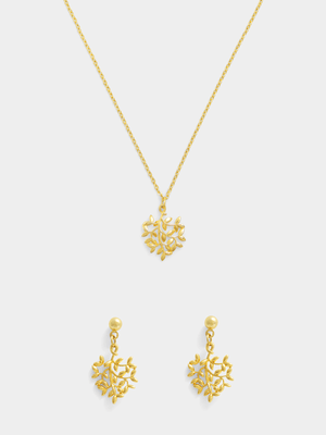 14ct Gold Plated Leafy Tree Pendant & Drop Earrings Set
