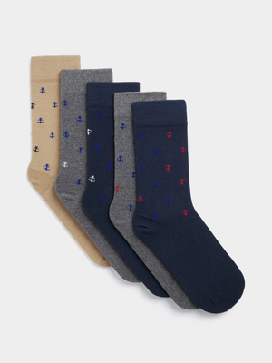 Exact Men's Anchor Print 5-Pack Anklet Socks