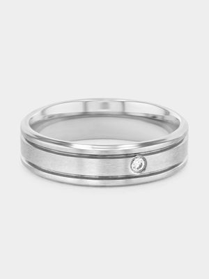 Stainless Steel Cubic Zirconia Solitaire Grooved Edge Ring