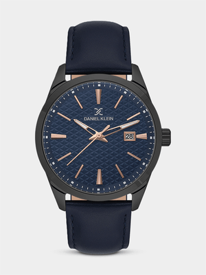 Daniel Klein Black Plated Blue Dial Dark Blue Leather Watch