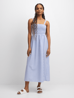 Exact Women's Blue & White Striped Smocked Dress