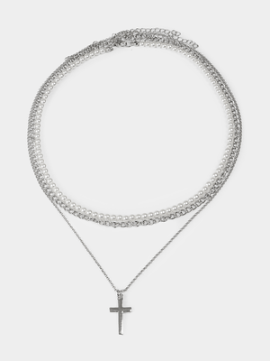 Markham Men's Cross and Pearl Silver Necklace Set