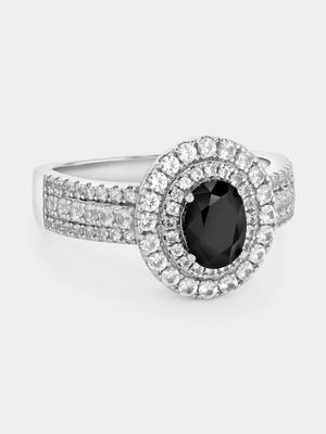 Sterling Silver Black Spinel & White Sapphire Oval Double Halo Ring