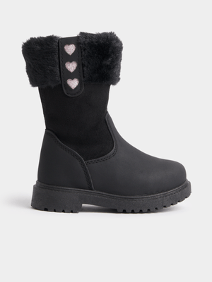 Jet Younger Girls Black Heart Faux Fur Boots