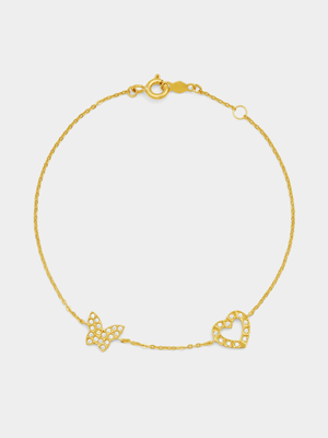 Yellow Gold Cubic Zirconia Pave Heart Butterfly Bracelet
