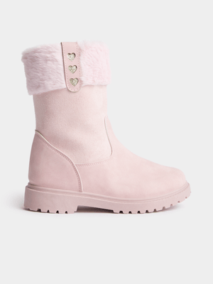 Jet Older Girls Pink Heart Faux Fur Boot