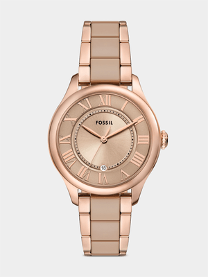 Fossil Gilmore Rose Plated Brown Ceramic Bracelet Watch