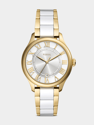 Fossil Gilmore Gold Plated White Ceramic Bracelet Watch