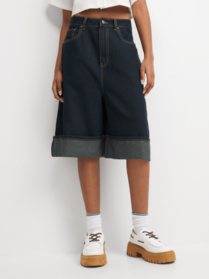 The FIX Women's Dark Wash Turn Up Bermuda Denim Shorts