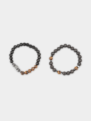 Markham Men's Tigers Eye Mixed Volcanic Stone Grey Bracelet