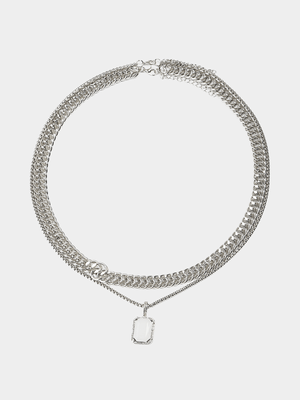 Markham Men's Diamante Chunky Silver Necklace Set