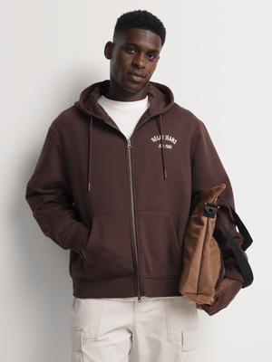 Relay Jeans Men's Zip Thru Embroidery Chocolate Graphic Hoodie