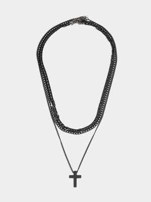 Markham Men's Timeless Metal Cross Grey Necklace Set