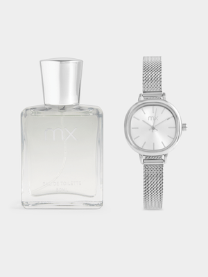 MX Silver Plated Mesh Watch & MX For Her Fragrance Set