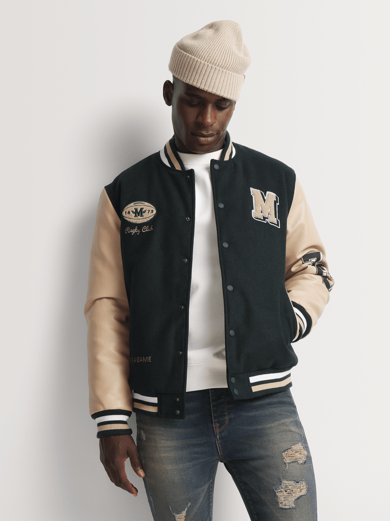 Markham Men's Melton Varsity Green Bomber Jacket - Bash.com