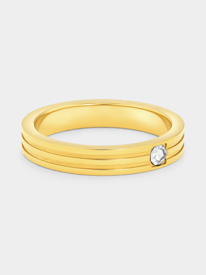 Gold Plated Stainless Steel Cubic Zirconia Solitaire Narrow Grooves Ring