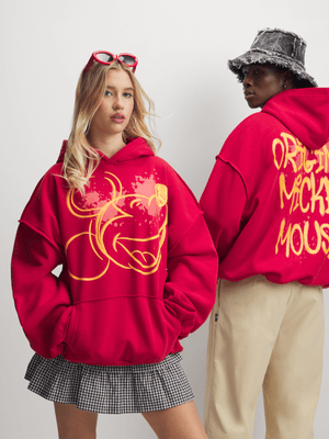 The FIX Unisex Red Oversized Mickey Mouse Graphic Print Hoodie