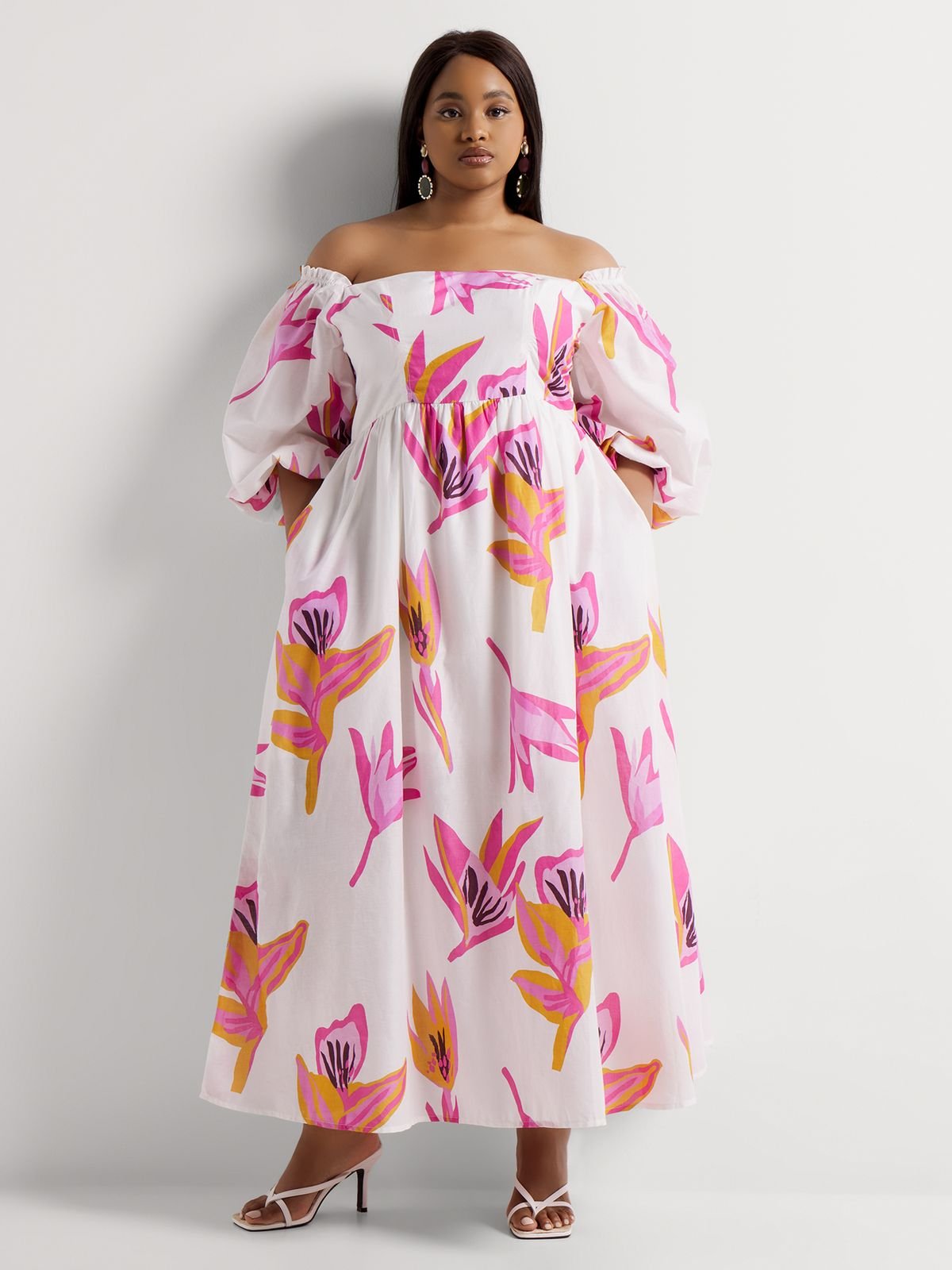 Off Shoulder Balloon Sleeve Floral Print Dress Bash - Main Image