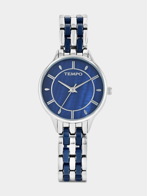 Tempo Silver Plated Blue Acetate Blue Mother Of Pearl Dial Bracelet Watch