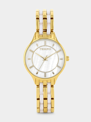 Tempo Gold Plated White Acetate Mother Of Pearl Dial Bracelet Watch
