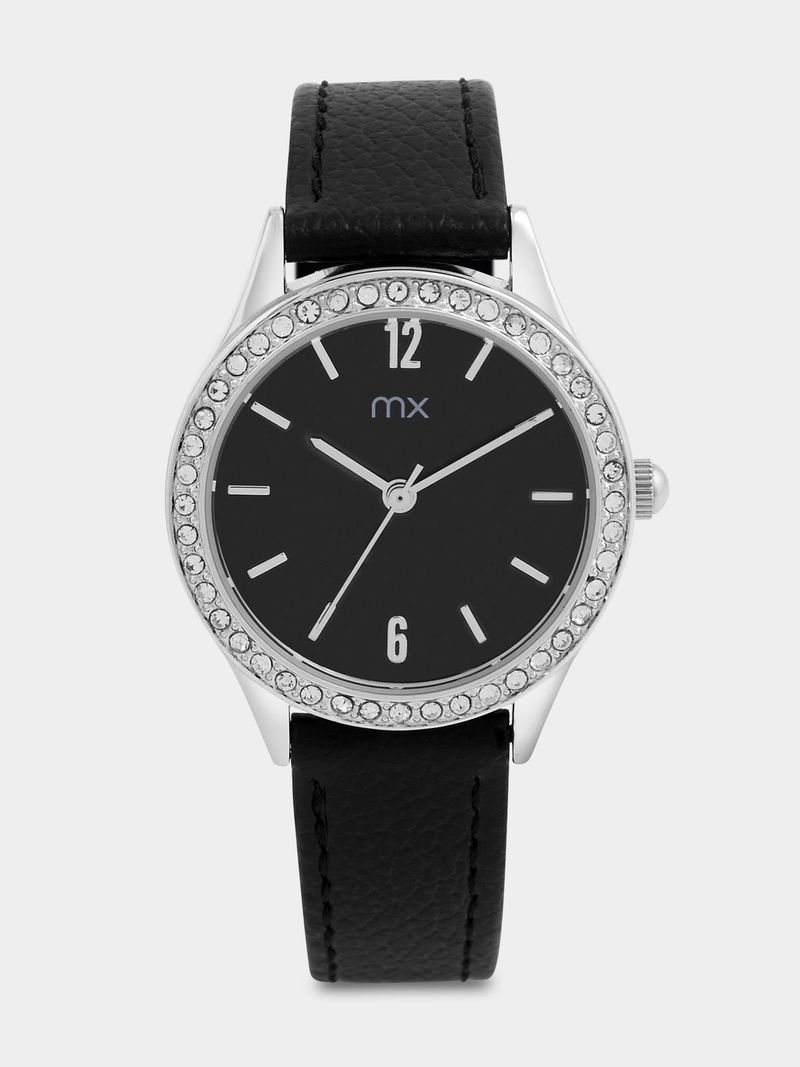 MX Silver Plated Black Dial Black Faux Leather Watch | Bash