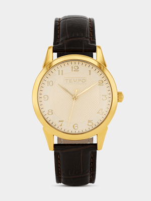 Tempo Gold Plated Champagne Dial Brown Leather Watch