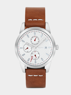 Tempo Silver Plated Silver Tone Dial Tan Leather Watch
