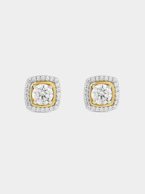 Gold Plated Sterling Silver Cubic Zirconia Two-Tone Cushion Halo Stud Earrings
