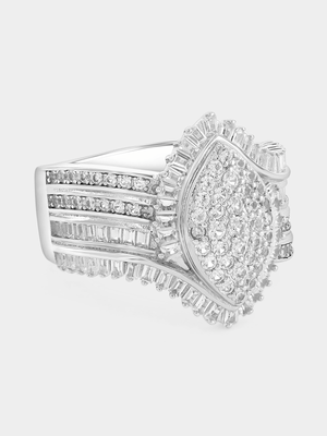 Sterling Silver White Sapphire Marquise Baguette Swirl Ring