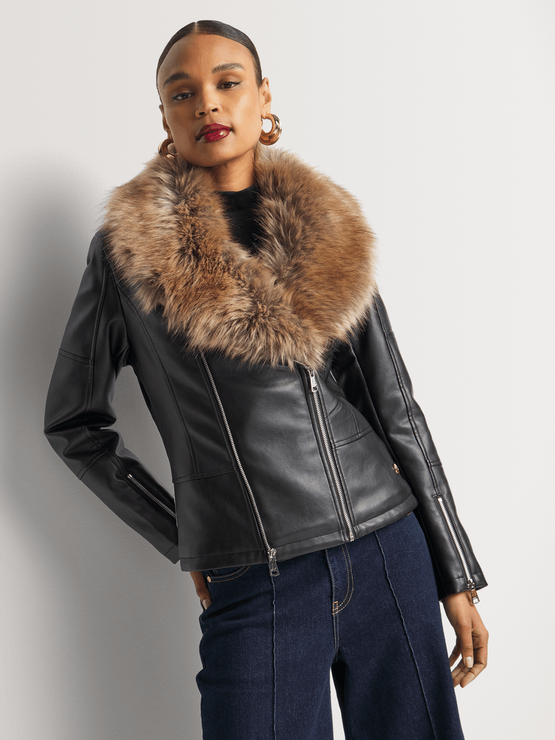 Luella Faux Fur Collar Pleather Biker Jacket Bash - Main Image