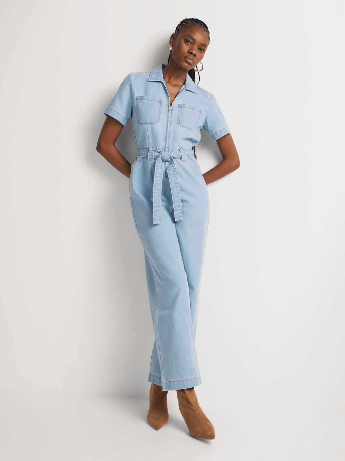 FF Denim Zip Front Self Tie Jumpsuit | Bash