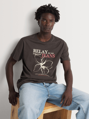 Relay Jeans Men's Regular Fit Floral Sketchy Brown Graphic T-Shirt